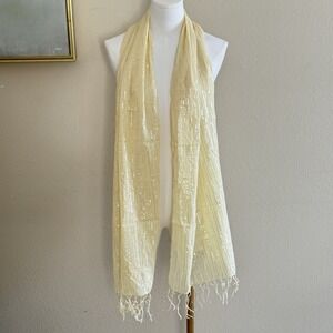 Boho Scarf Wrap Yellow Metallic Silver Cotton Fringe Festival Hippie India New